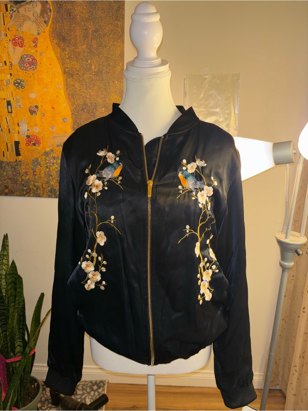 Zara Black Bomber Jacket with Floral & Bird Embroidery